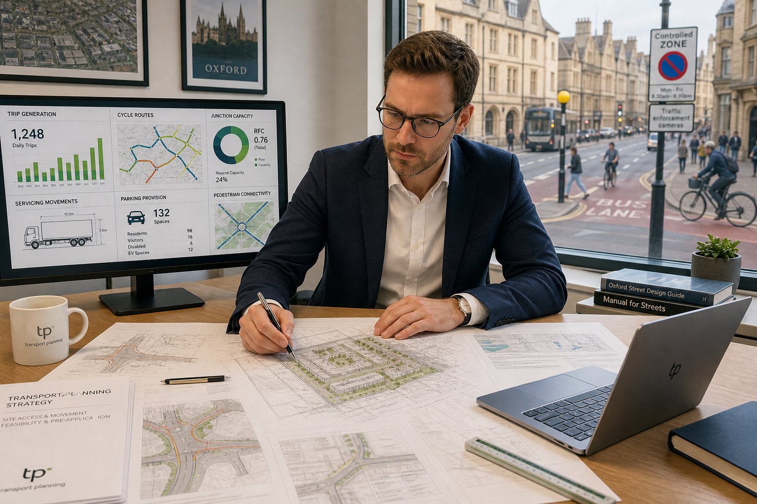 Traffic engineer reviewing Oxford site access and transport plans in office.