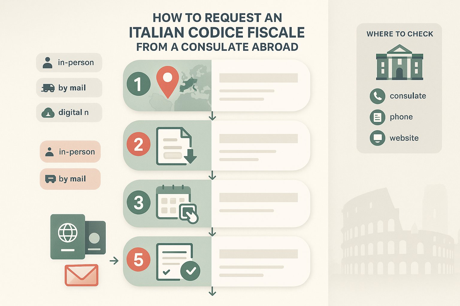 Infografica verticale passo-passo per richiedere un codice fiscale italiano all'estero.