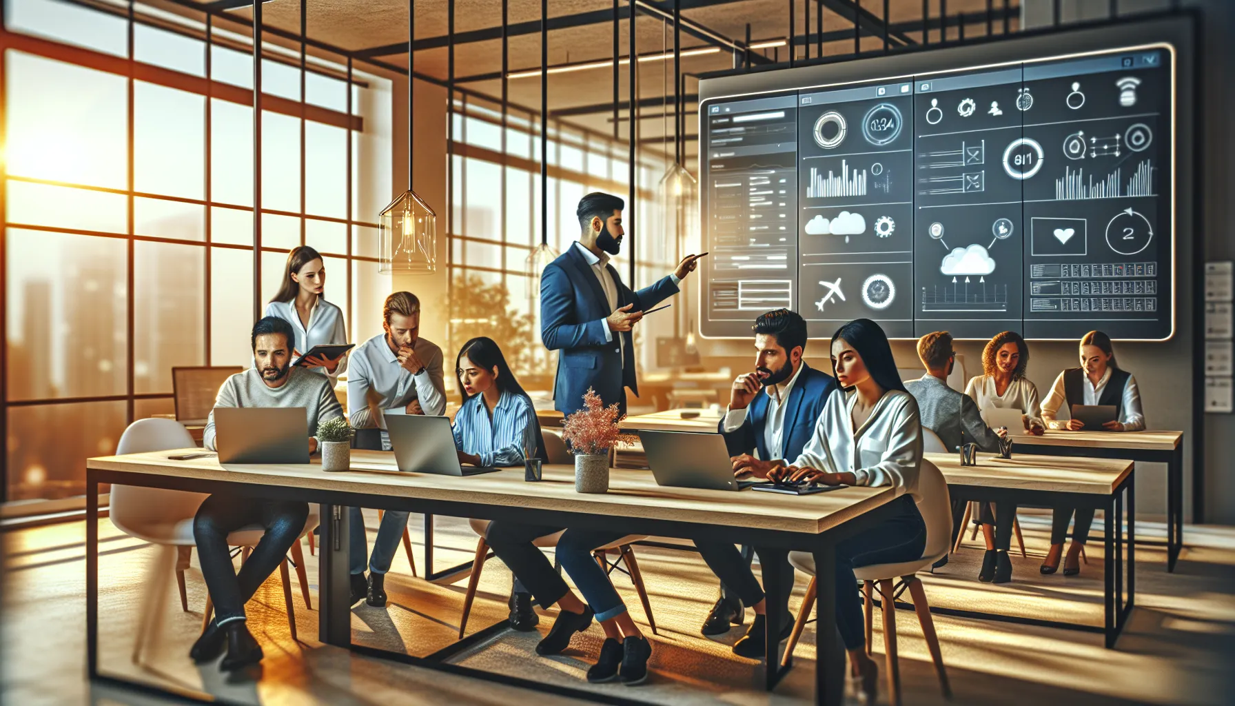 diverse team collaborating in a modern workspace with Fumbleboard interface.
