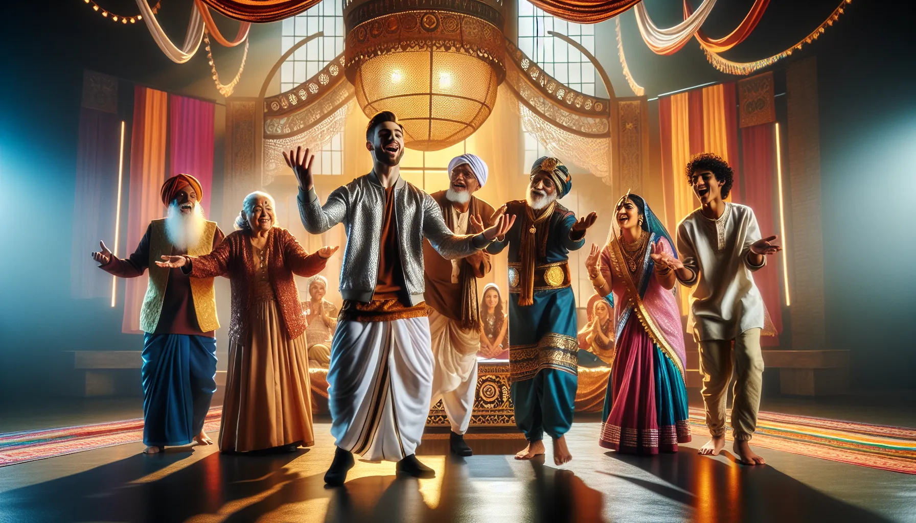 Performers in traditional attire engaging an audience during a Vettakarikal performance.