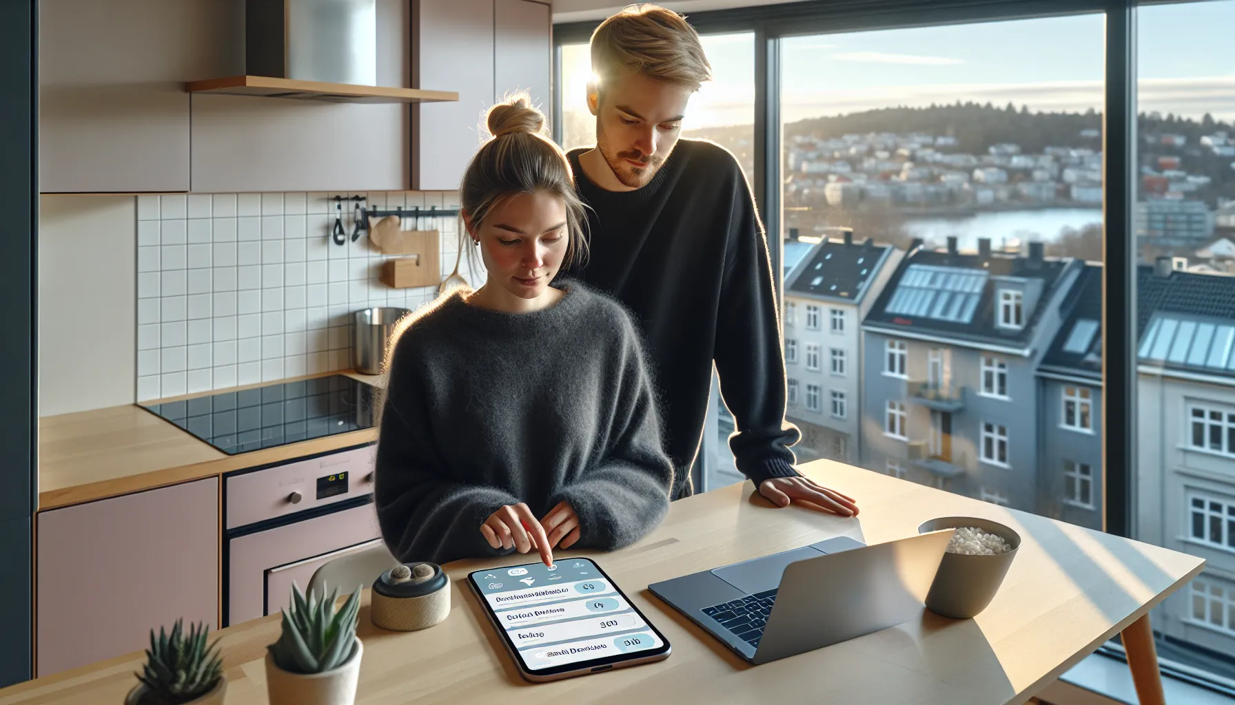 Norwegian couple uses housing app and mortgage calculator at a kitchen table.