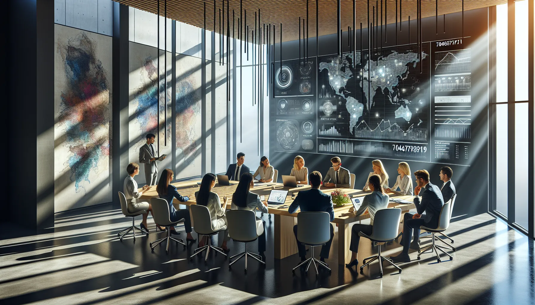 diverse team analyzing data in a modern office setting.