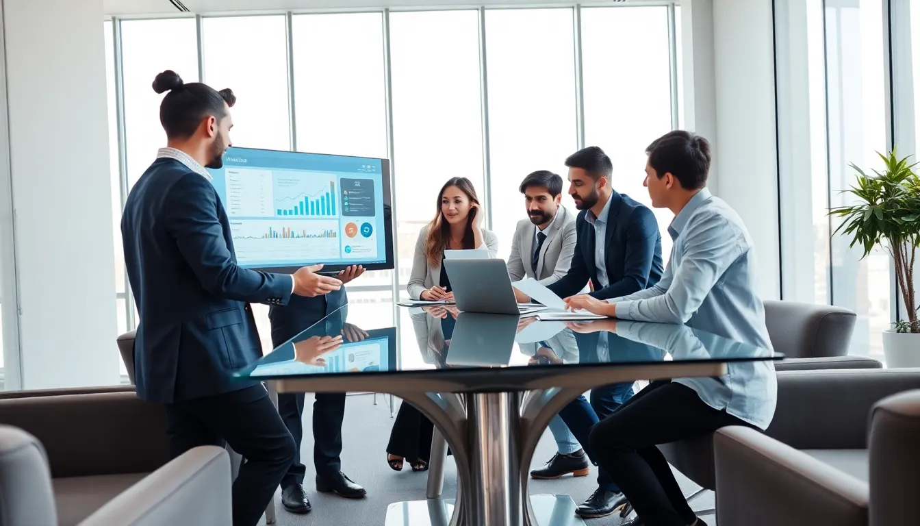 diverse professionals collaborating in a modern office setting.
