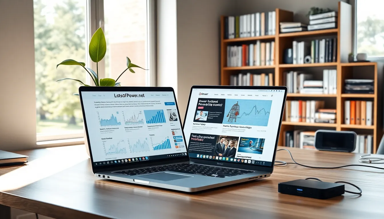 a modern workspace with a laptop displaying LotsOfPower.net archives.