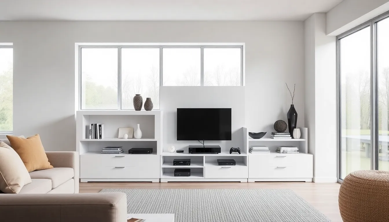 modern living room with a sleek white media console.