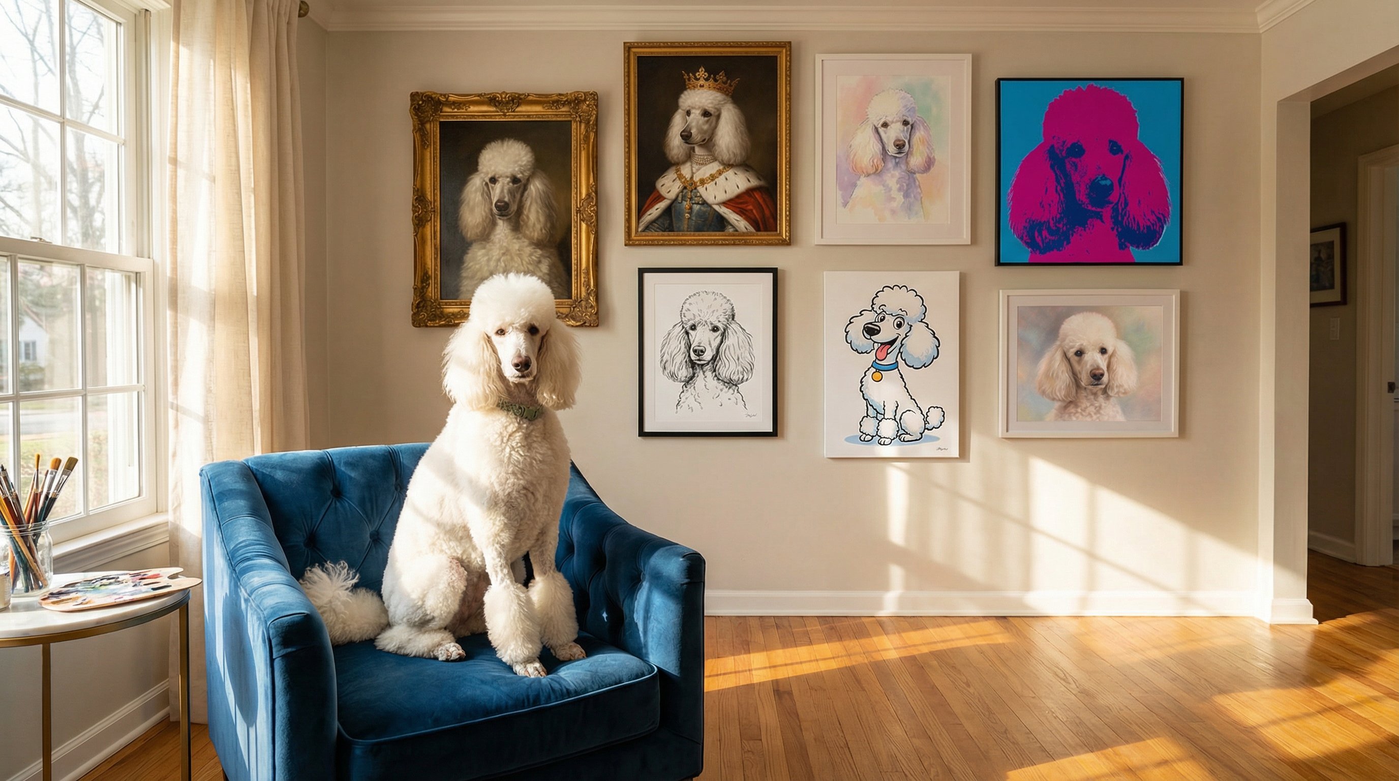 A white poodle sitting before a gallery wall of diverse portrait styles.