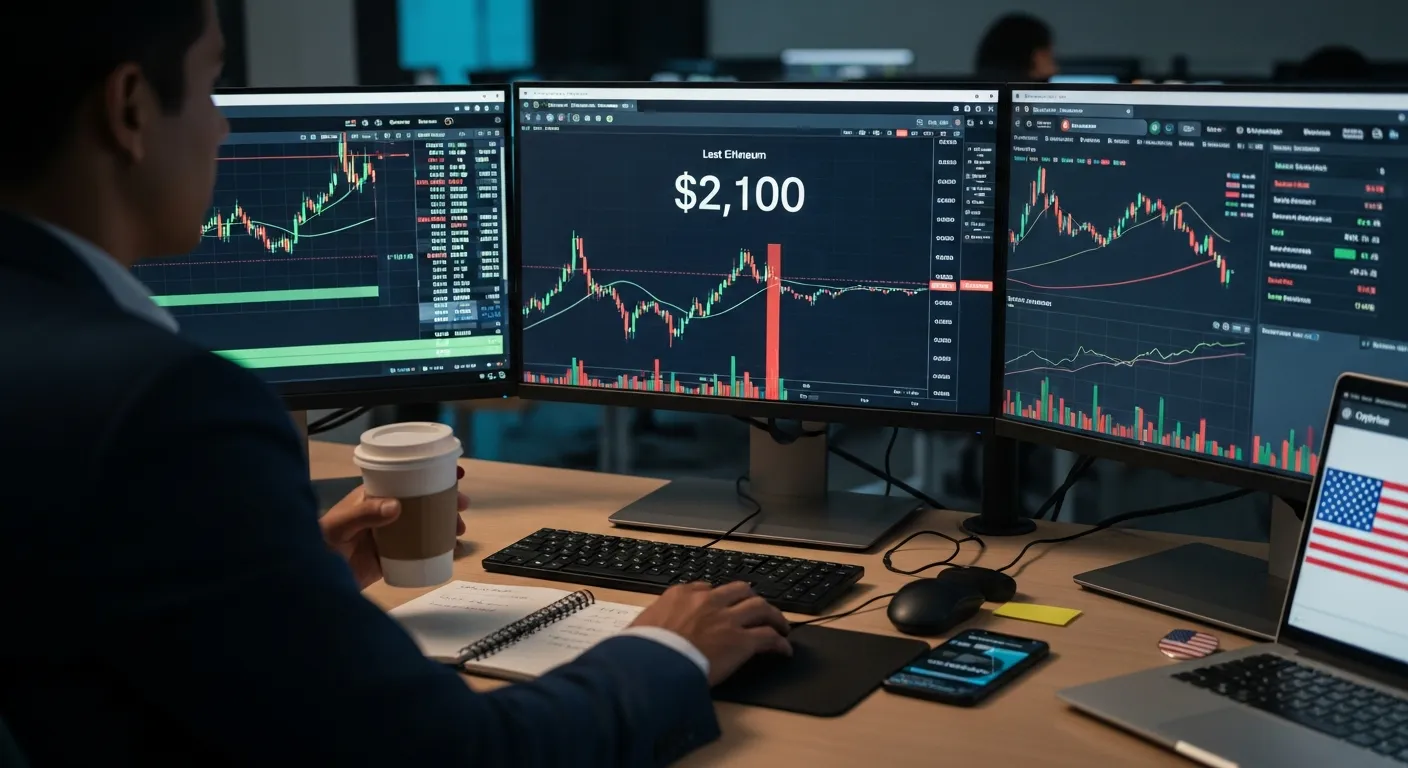Trader at desk studying Ethereum charts and order book showing sell pressure