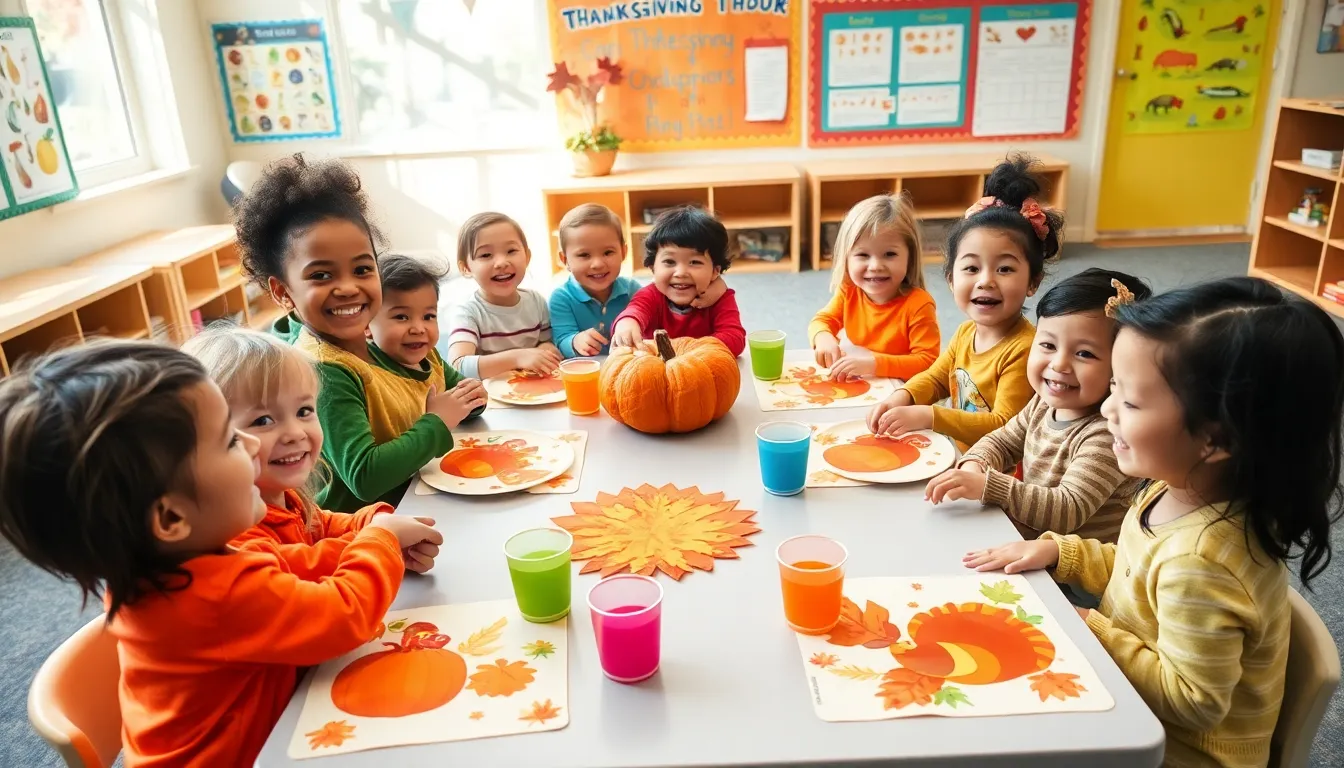 children enjoying Thanksgiving placemats in a cheerful preschool setting.