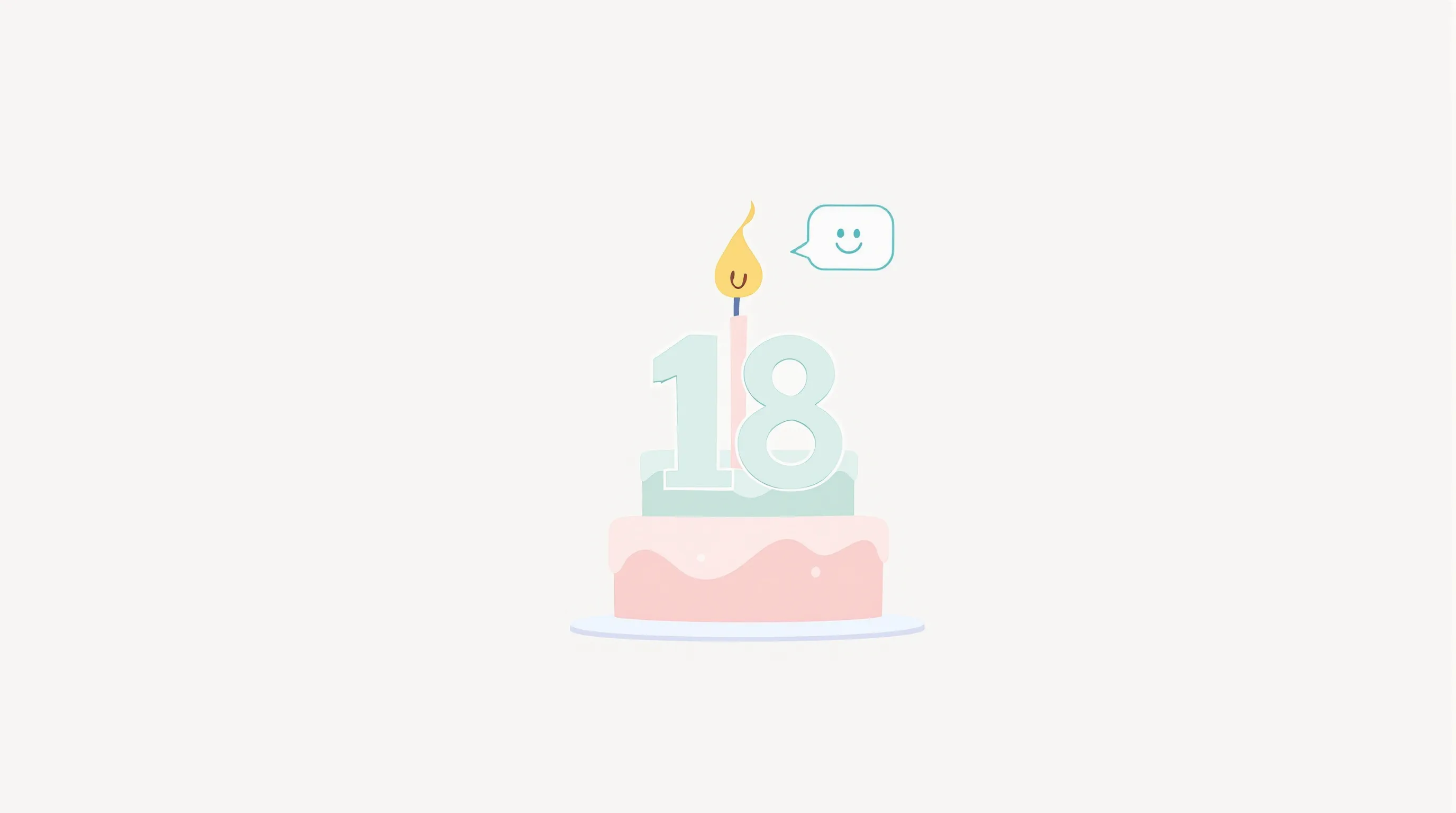 Minimalist birthday cake with number eighteen candle and speech bubble emoji.