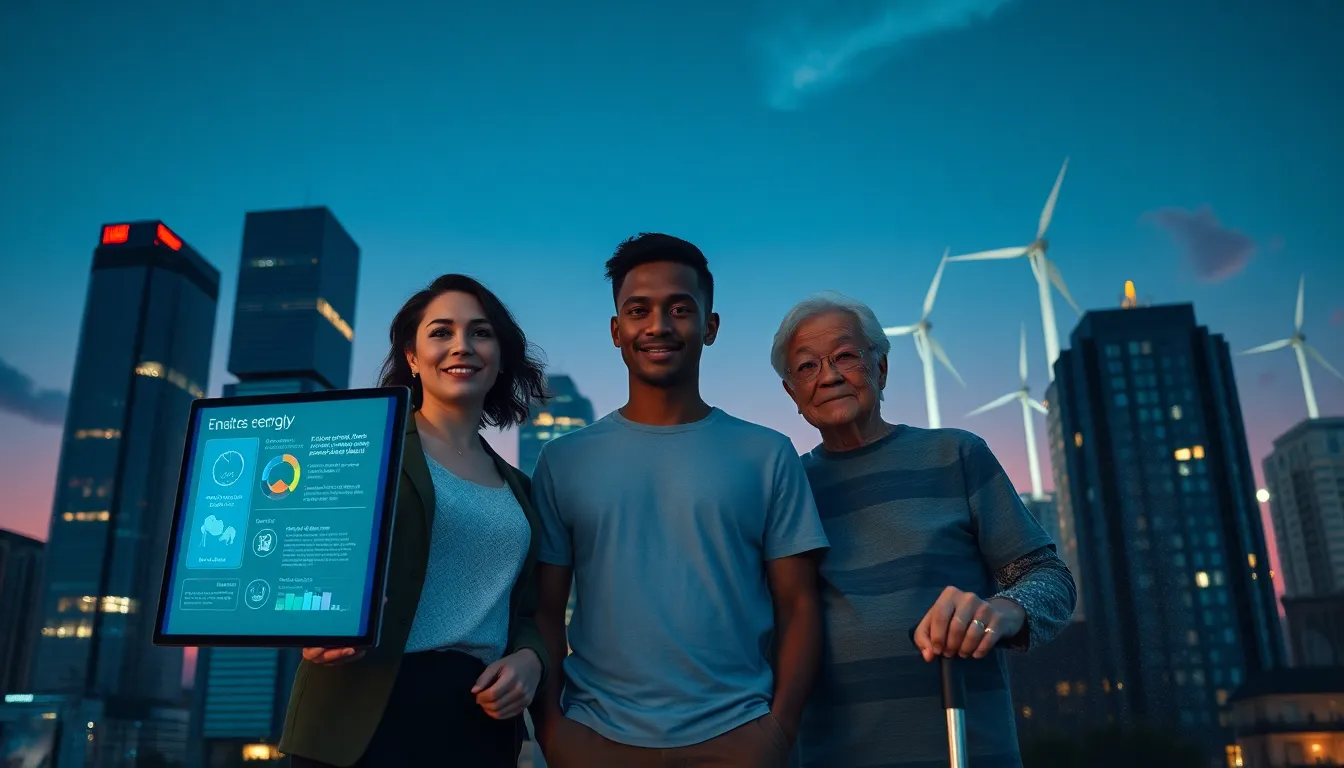a diverse group of people discussing renewable energy in a futuristic city.