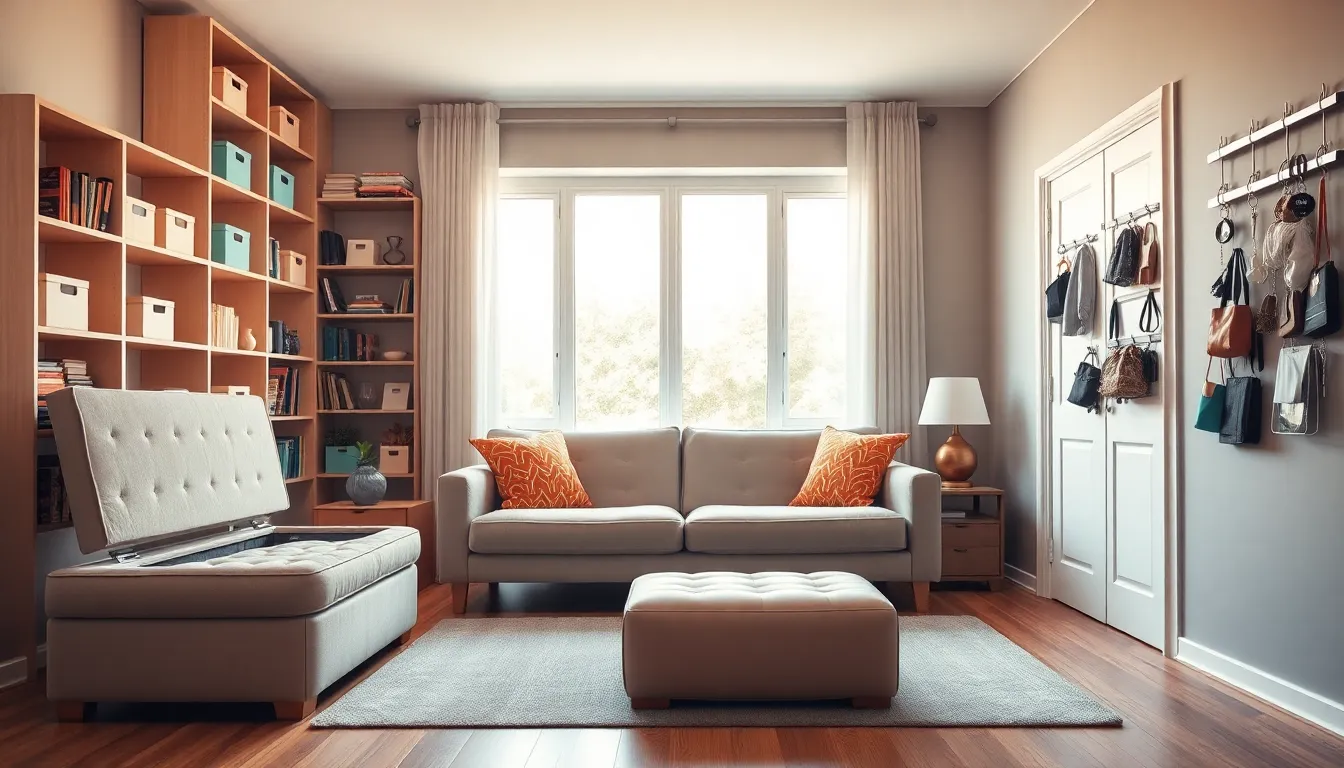 a cozy living room showcasing multifunctional furniture and creative storage solutions.