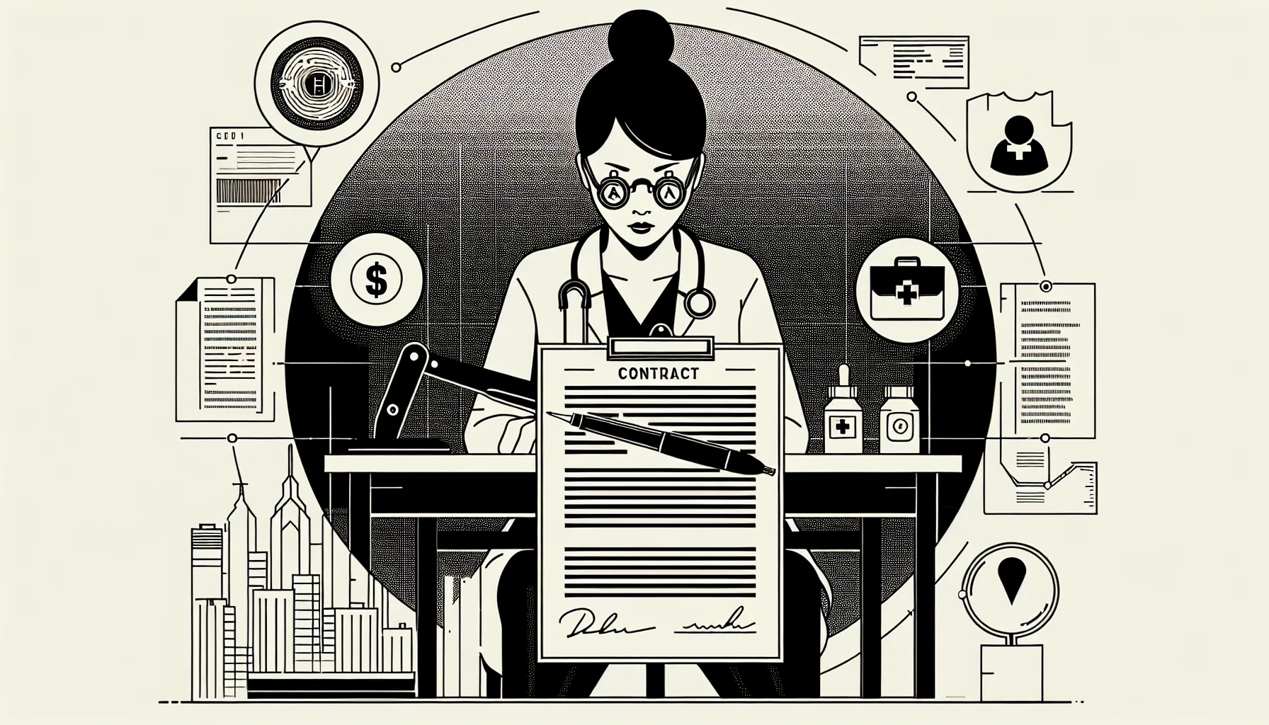 Dentist closely reviewing a contract with icons for pay, malpractice, and noncompete of New York Dental Contract Review.