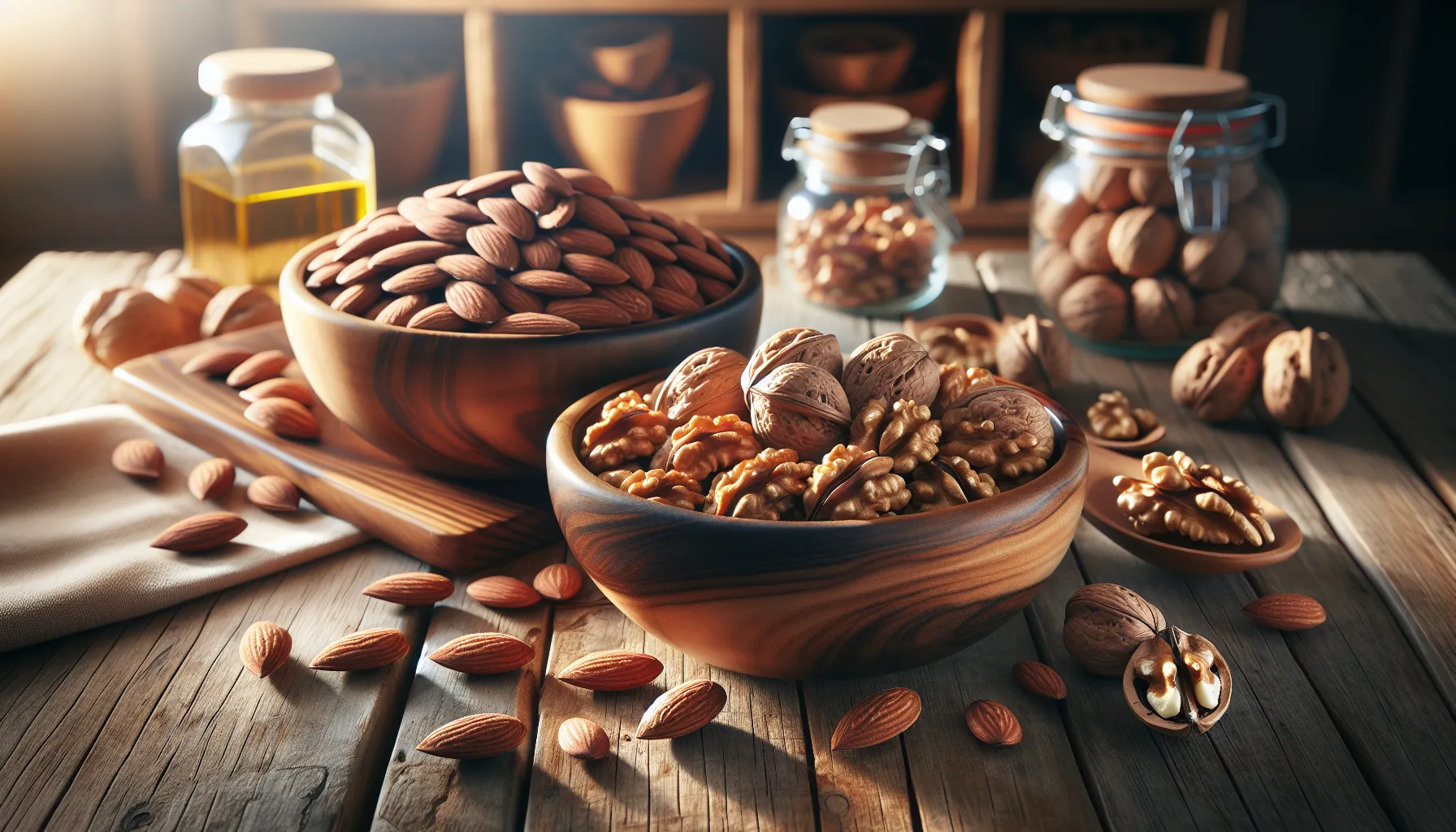 Bowls of almonds and walnuts on a wooden table with nutritional context elements.