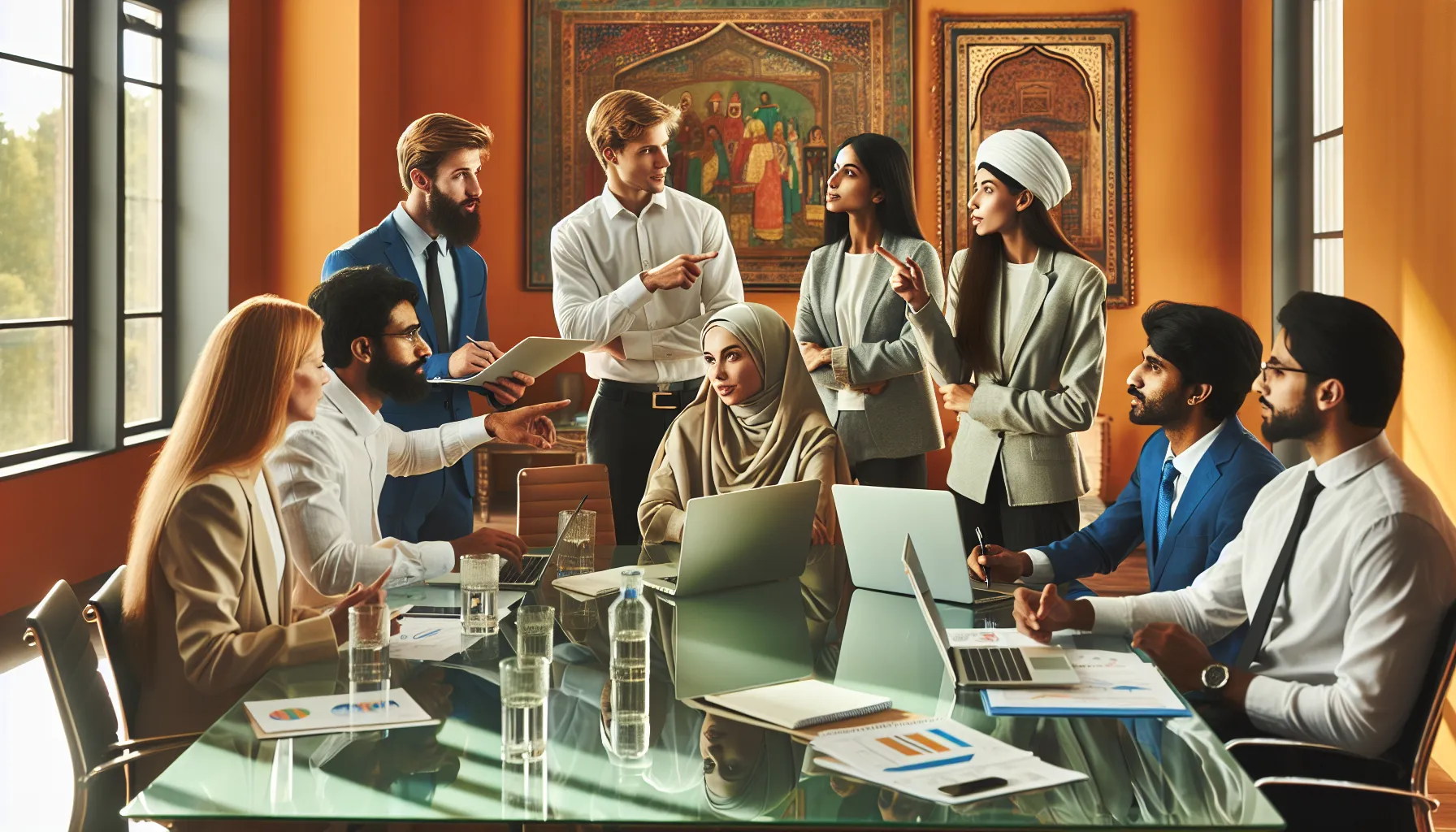 diverse team collaborating on sustainable development ideas in a modern office.