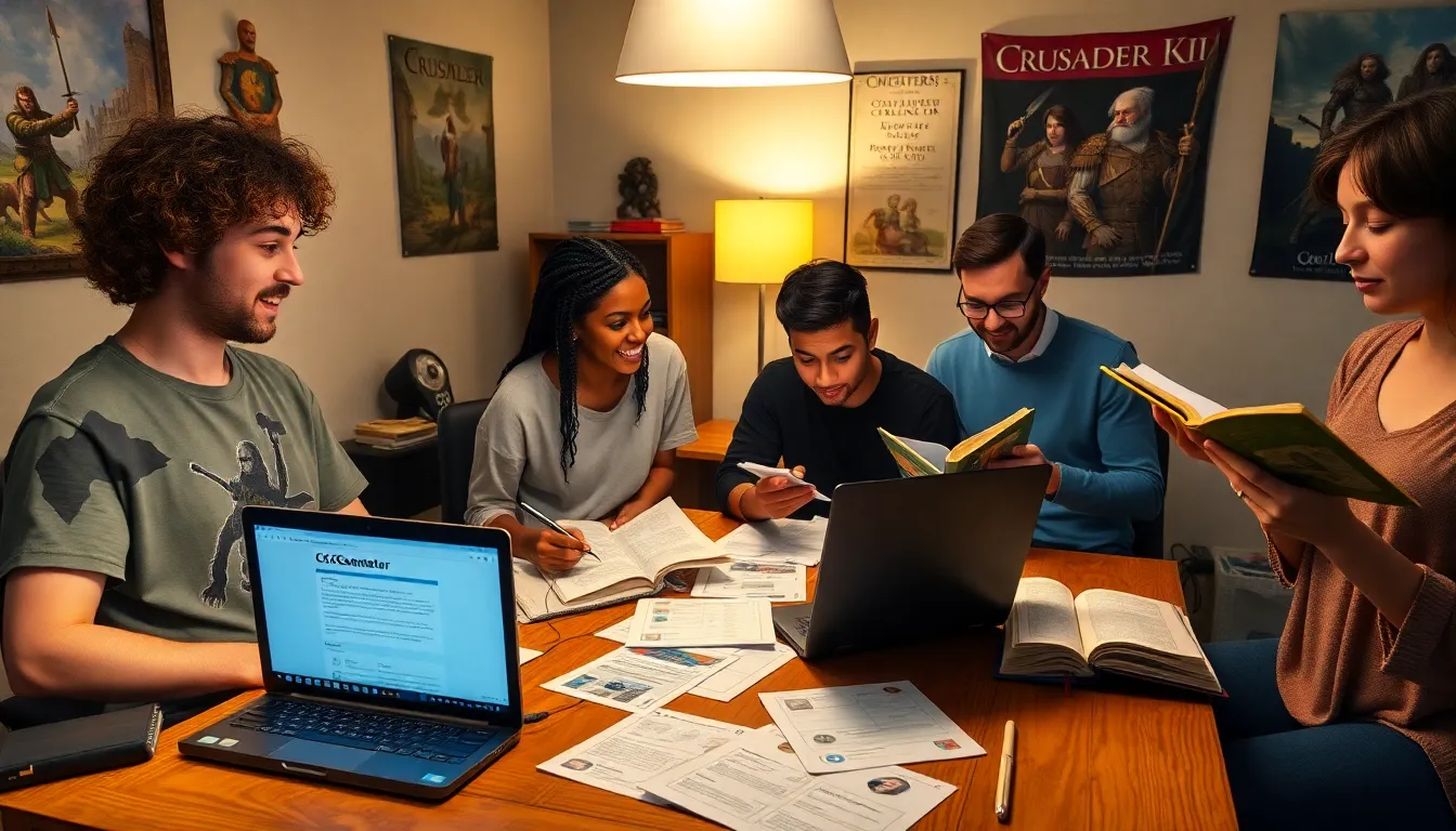 a diverse group brainstorming character ideas for Crusader Kings II.