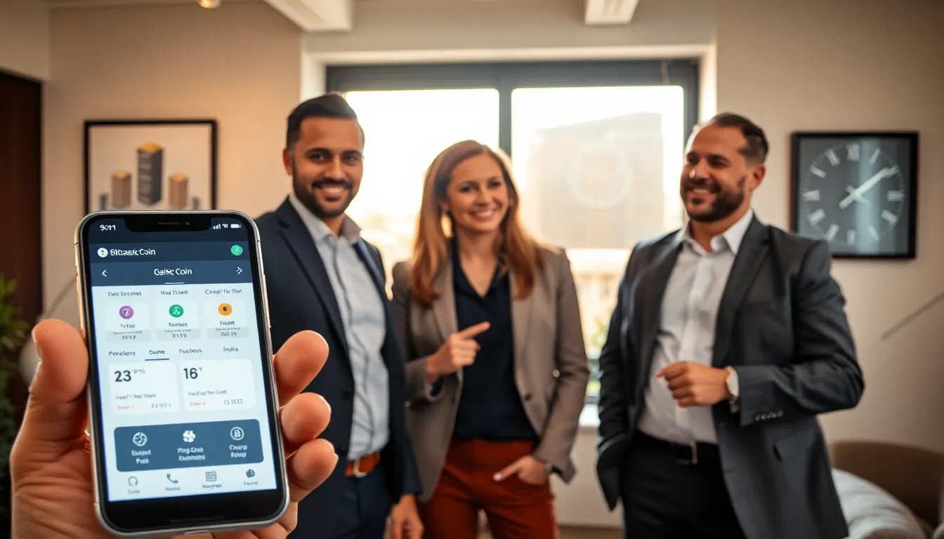 professionals discussing Bitclassic Coin in a modern office setting.