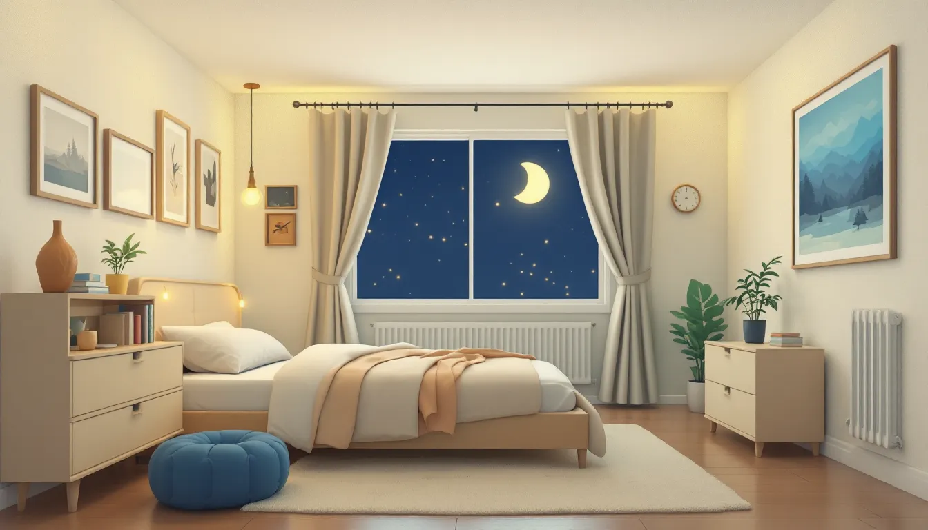 A cozy bedroom lit by a warm salt lamp on a nightstand at bedtime.