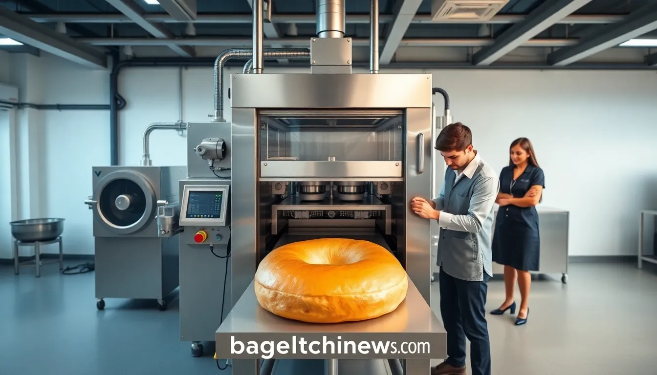 modern bagel production facility with diverse professionals and advanced machinery.