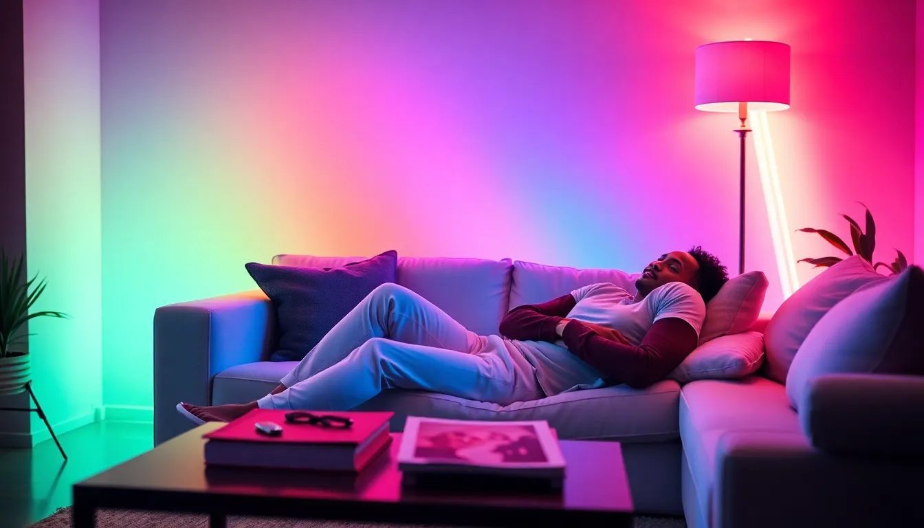 individual experiencing virtual neon therapy in a cozy living room.