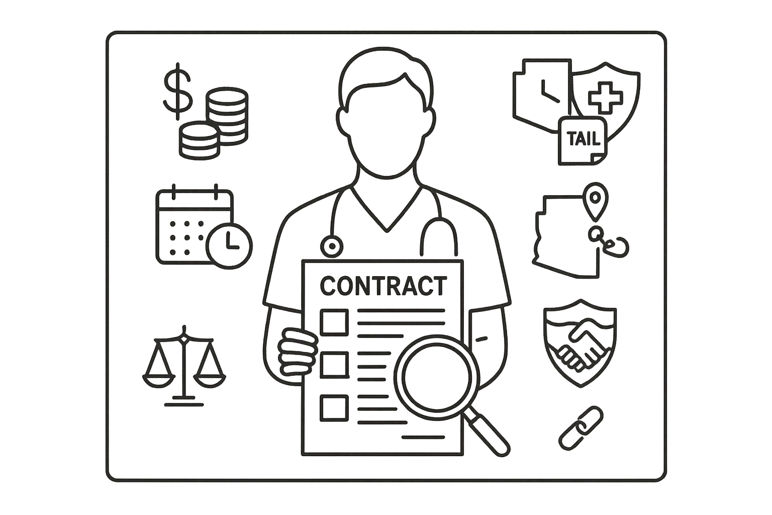 Physician assistant reviewing a contract with icons for compensation, malpractice, and Arizona.
