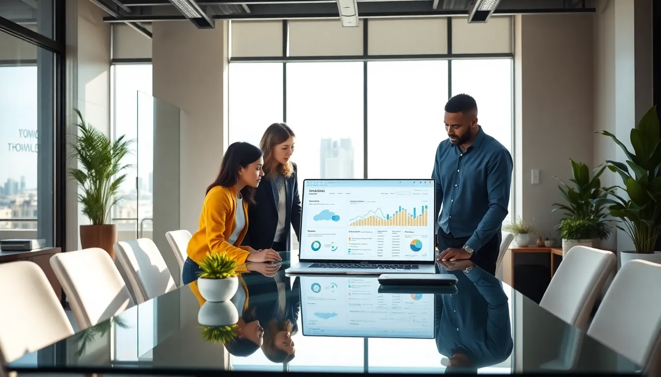 diverse team discussing ISG technology in a modern office setting.