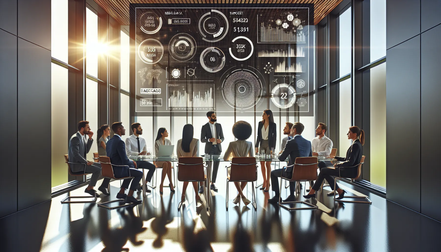 diverse team discussing data analytics in a bright office setting.