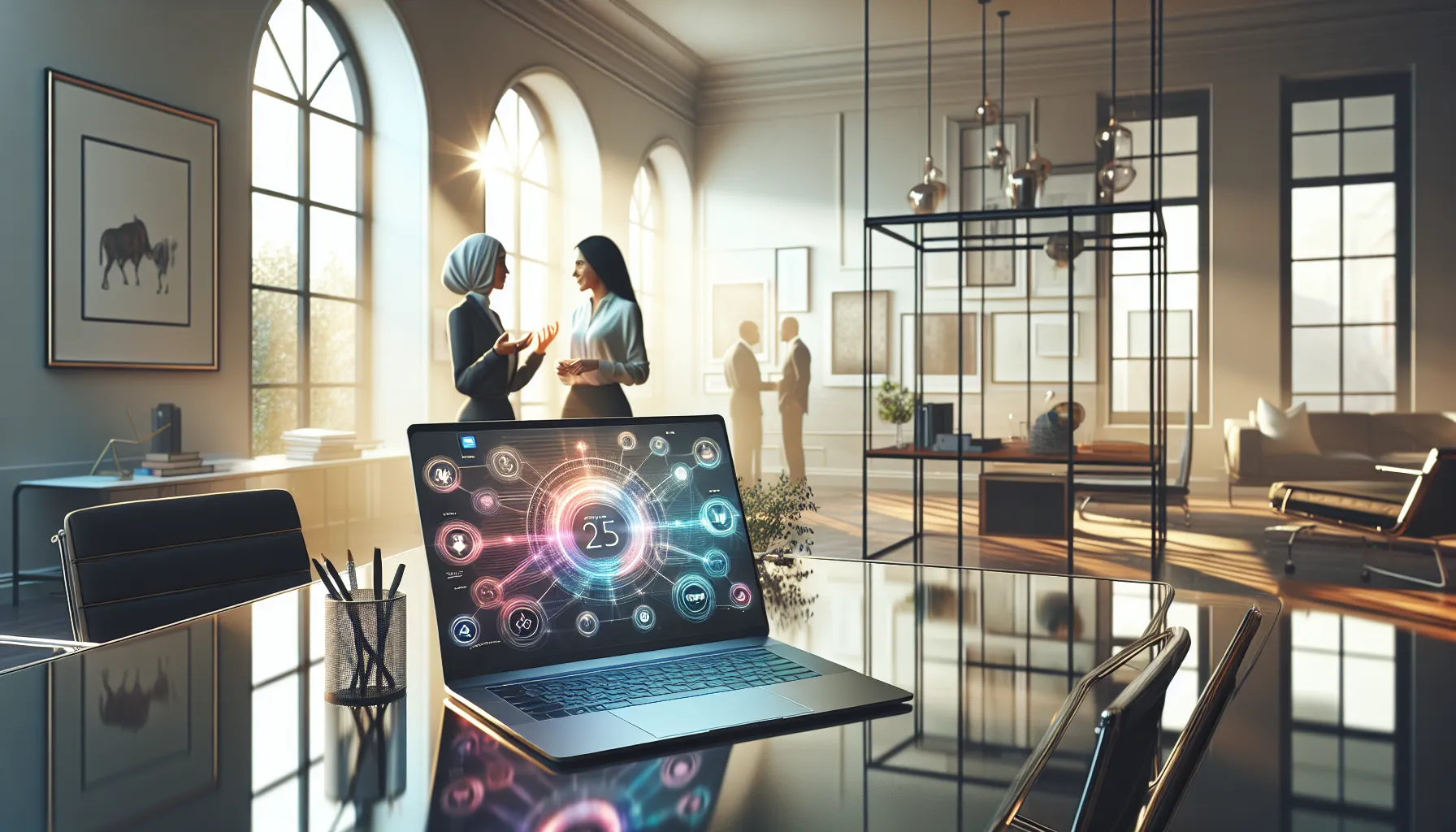 diverse professionals collaborating in a modern office setting.