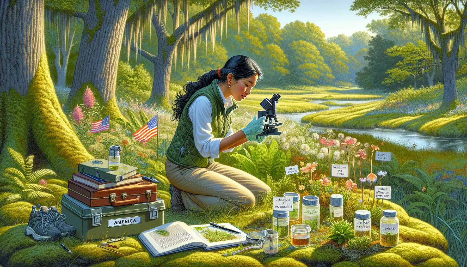 A botanist examining plants in a lush natural reserve.
