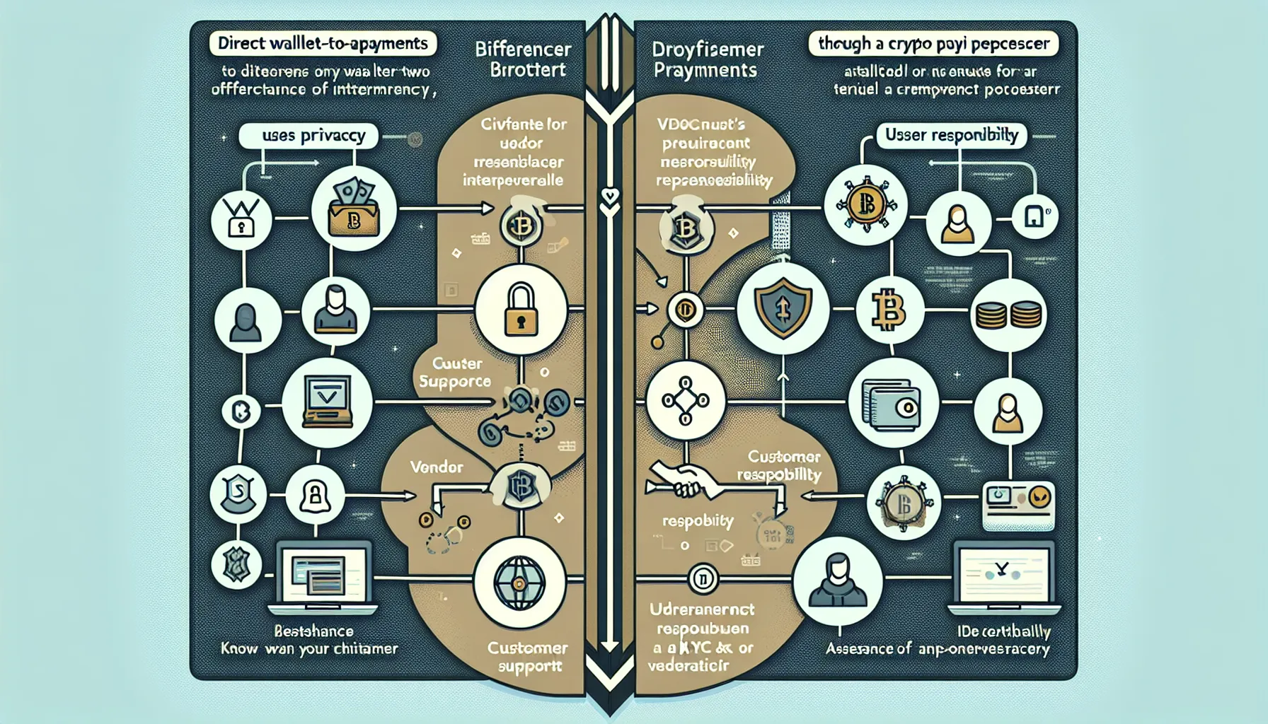 Comparison chart of direct crypto payments versus payment processor transactions with cryptocurrency icons.