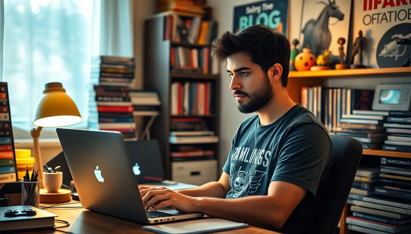 A young writer at his desk, surrounded by books and gaming items.