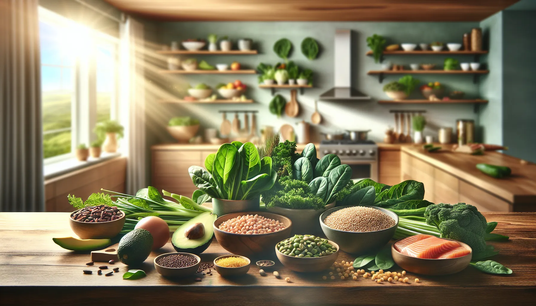 Healthy cooking ingredients on a modern kitchen countertop.