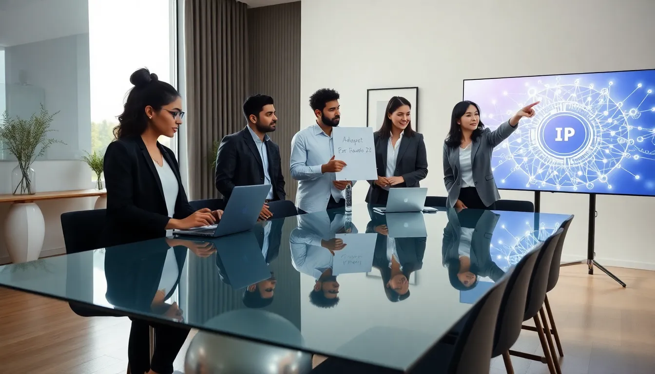 Diverse IT team collaborating in a modern office setting.