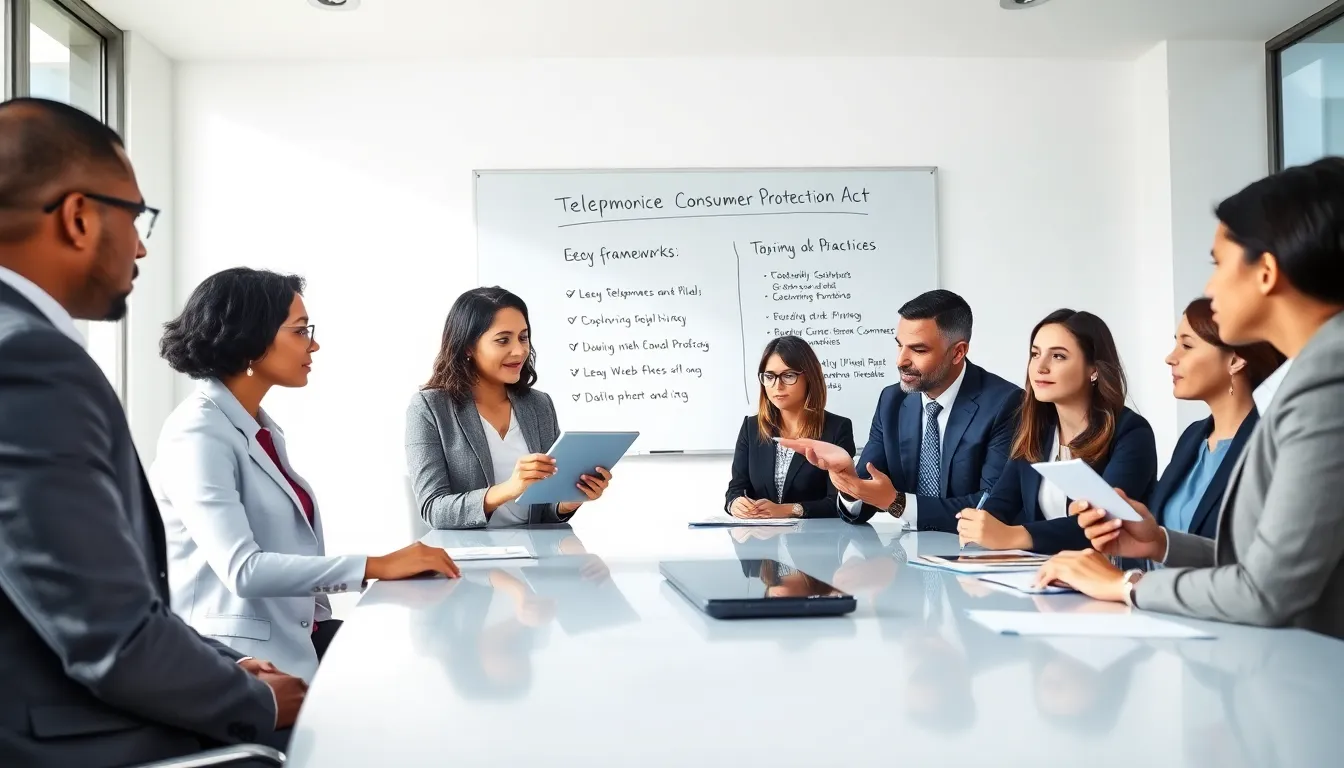 Professionals discussing telecommunications regulations in a modern office.