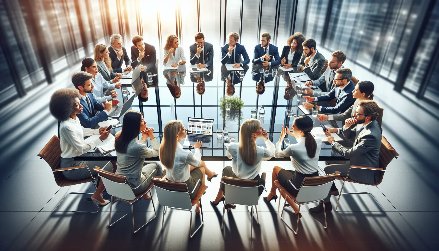 diverse professionals discussing news in a modern office.