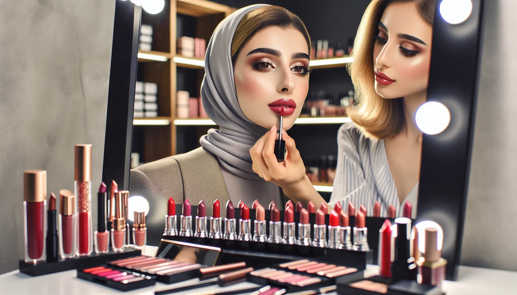 makeup artist applying lip color in a modern beauty workspace.