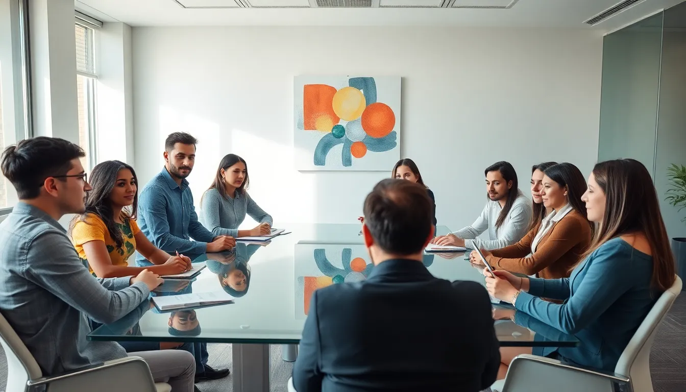 diverse team brainstorming in a modern office setting.