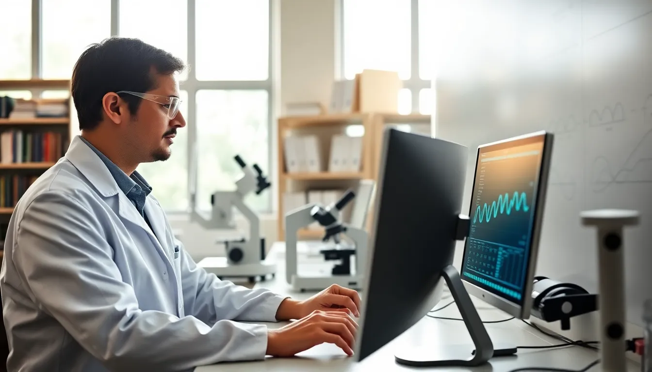 Scientist analyzing genetic data in a modern laboratory.
