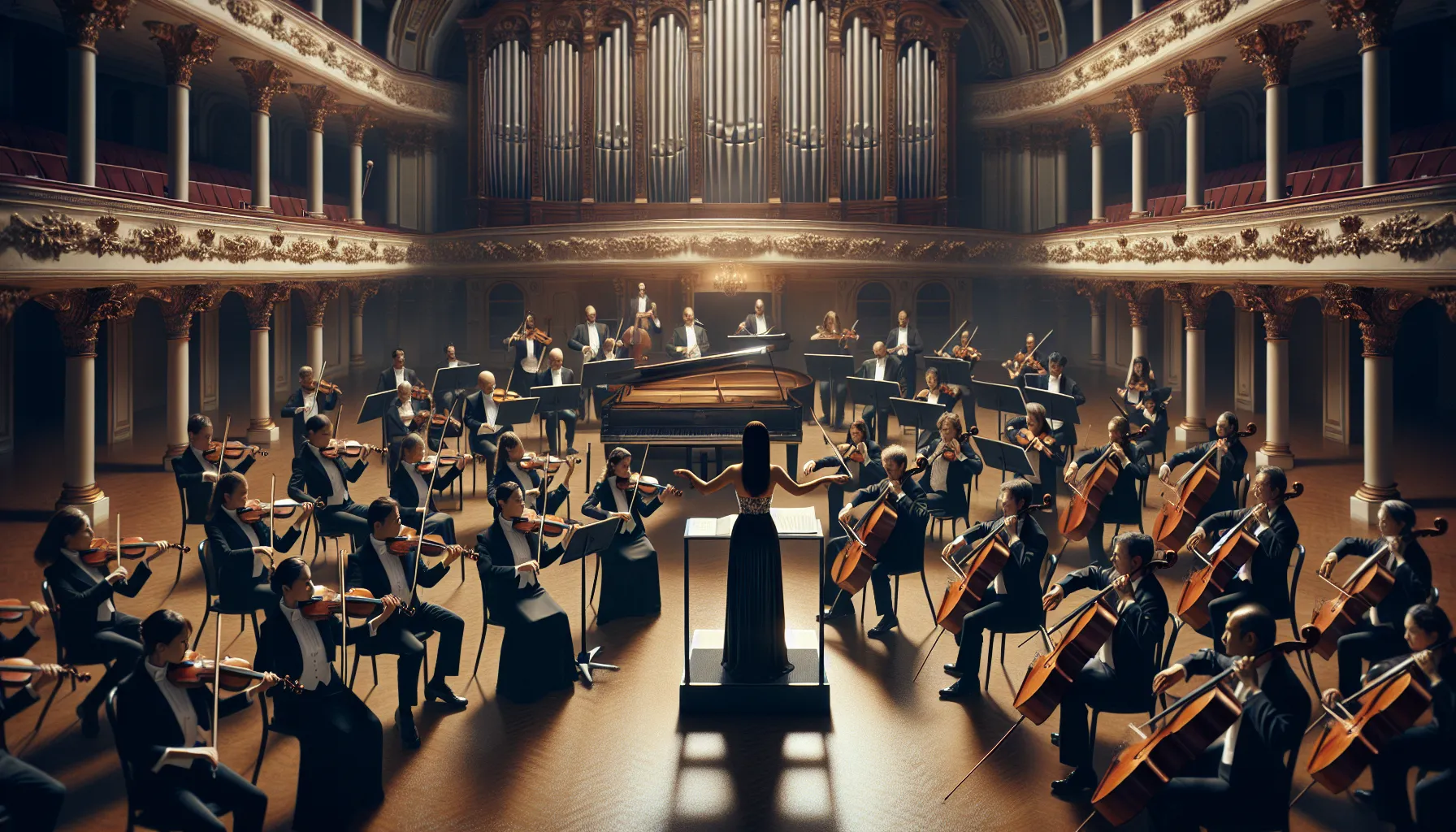 orchestra performing classical music in a concert hall.