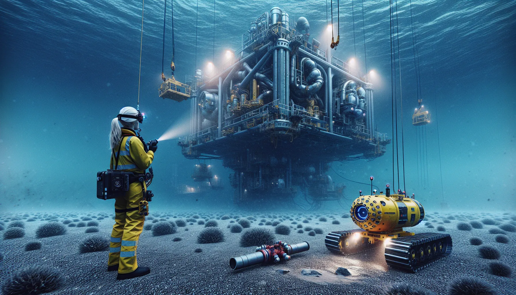 Rov guiding a steel module onto the seabed in murky norwegian waters.