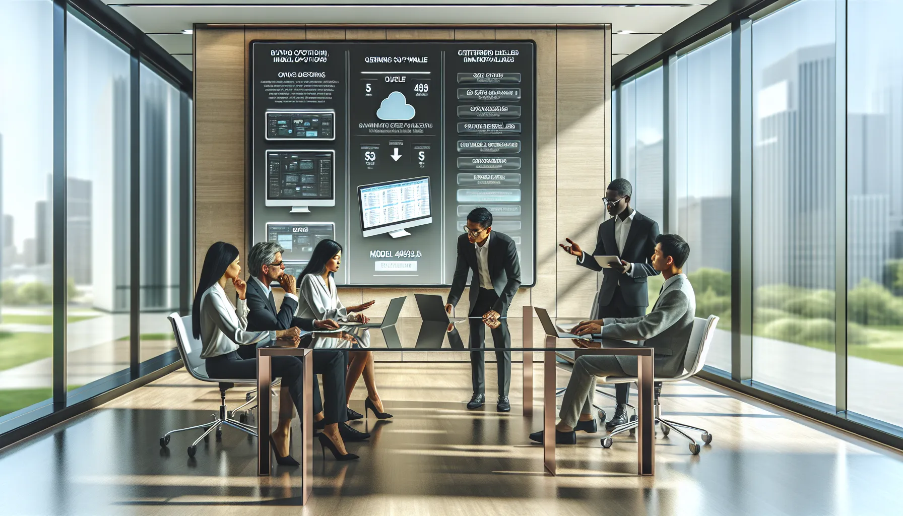 diverse team discussing the purchase options for software in a modern office.
