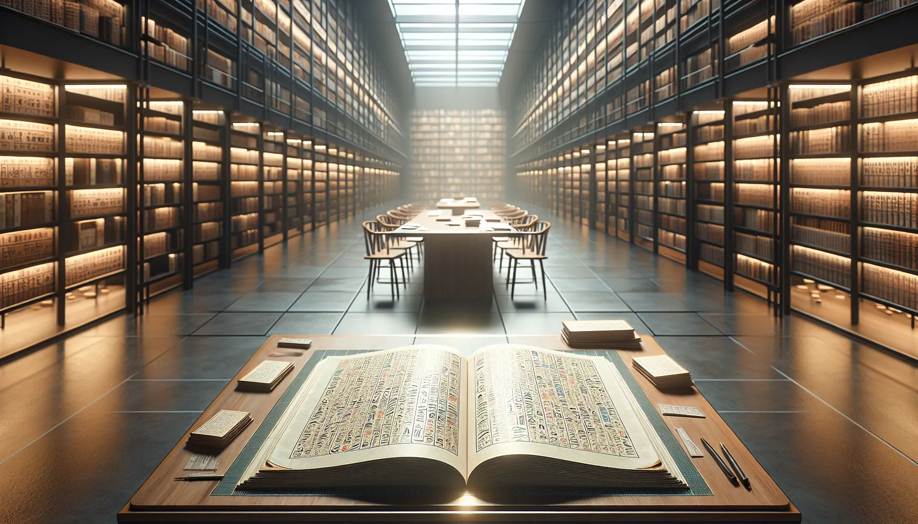 An academic scene comparing ancient Egyptian and Chinese texts on a manuscript.