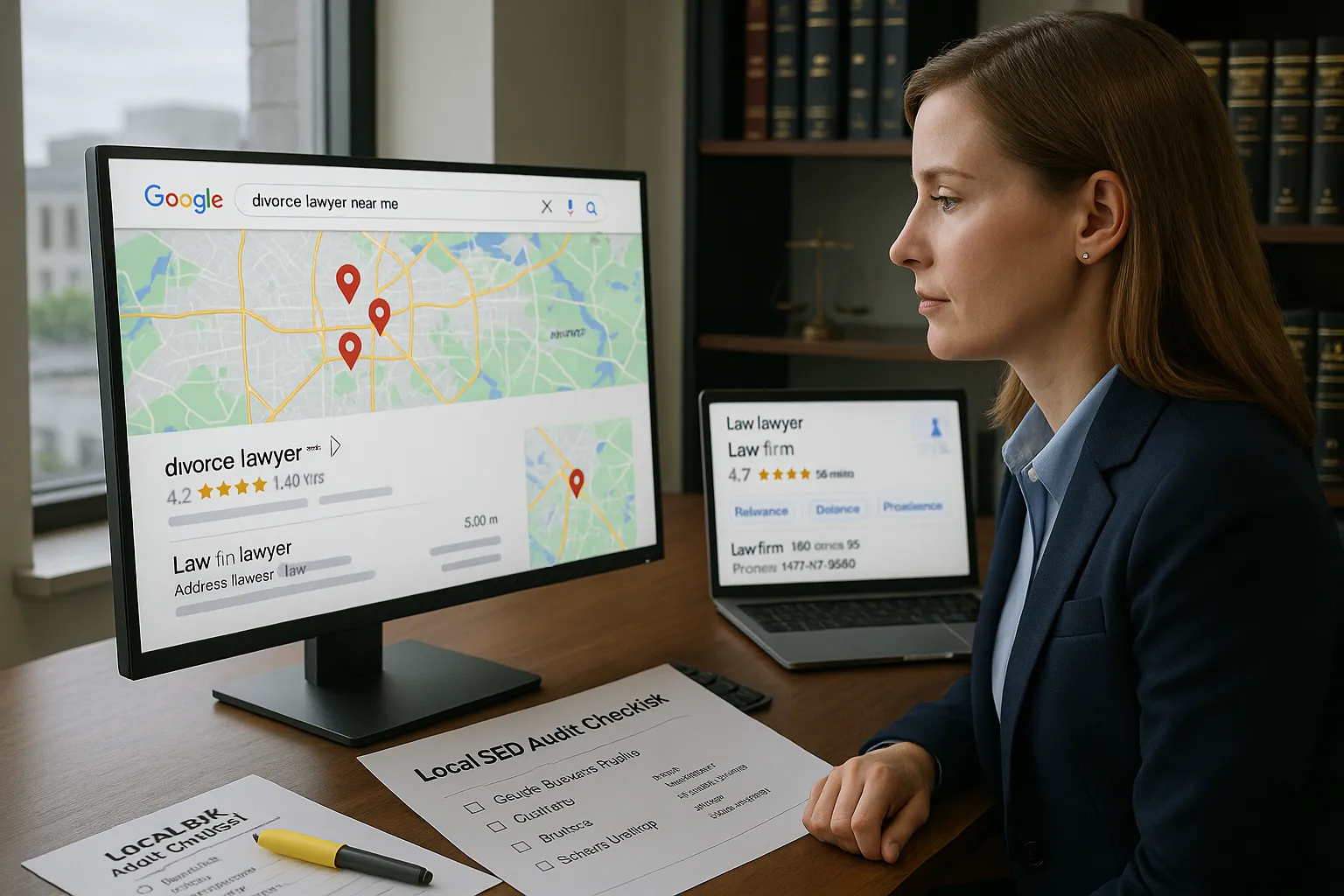 Lawyer reviewing local Google search results and SEO checklist in a modern office.