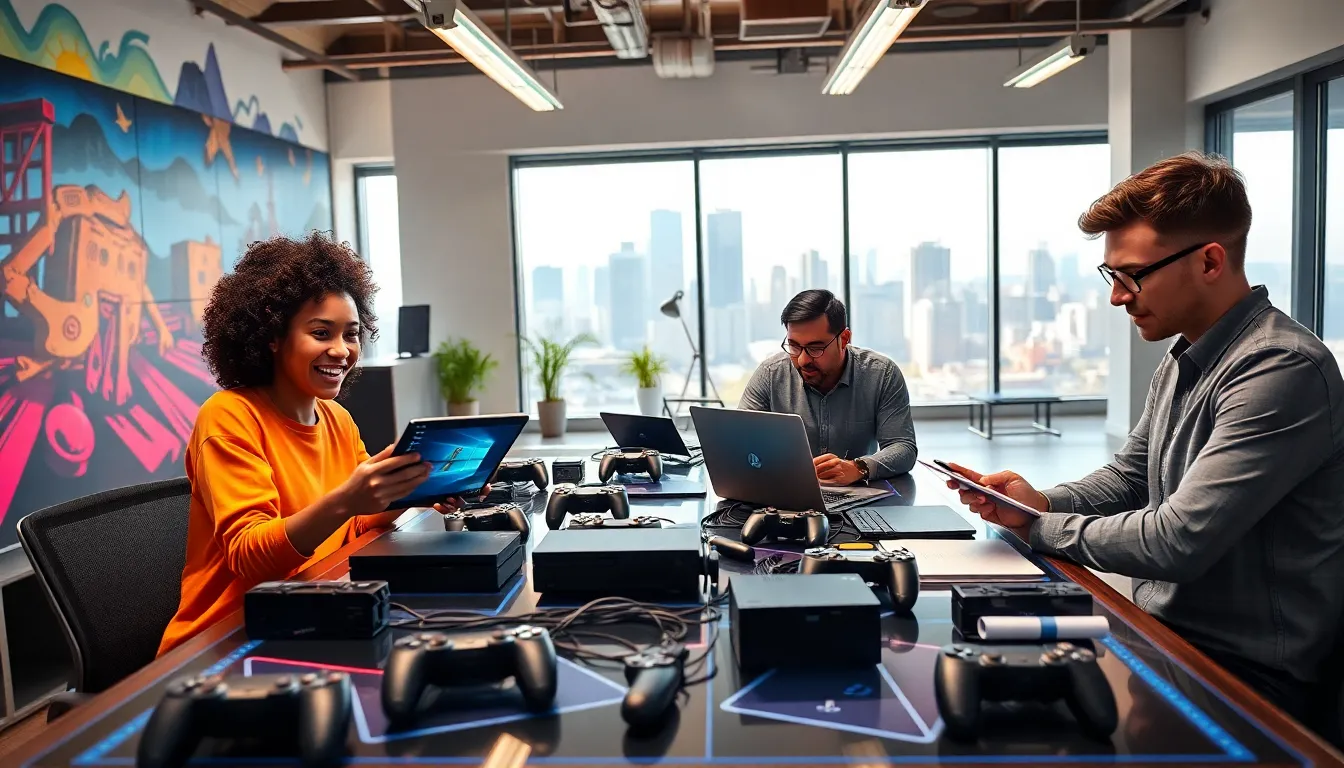a diverse team of game developers collaborating in a modern studio.