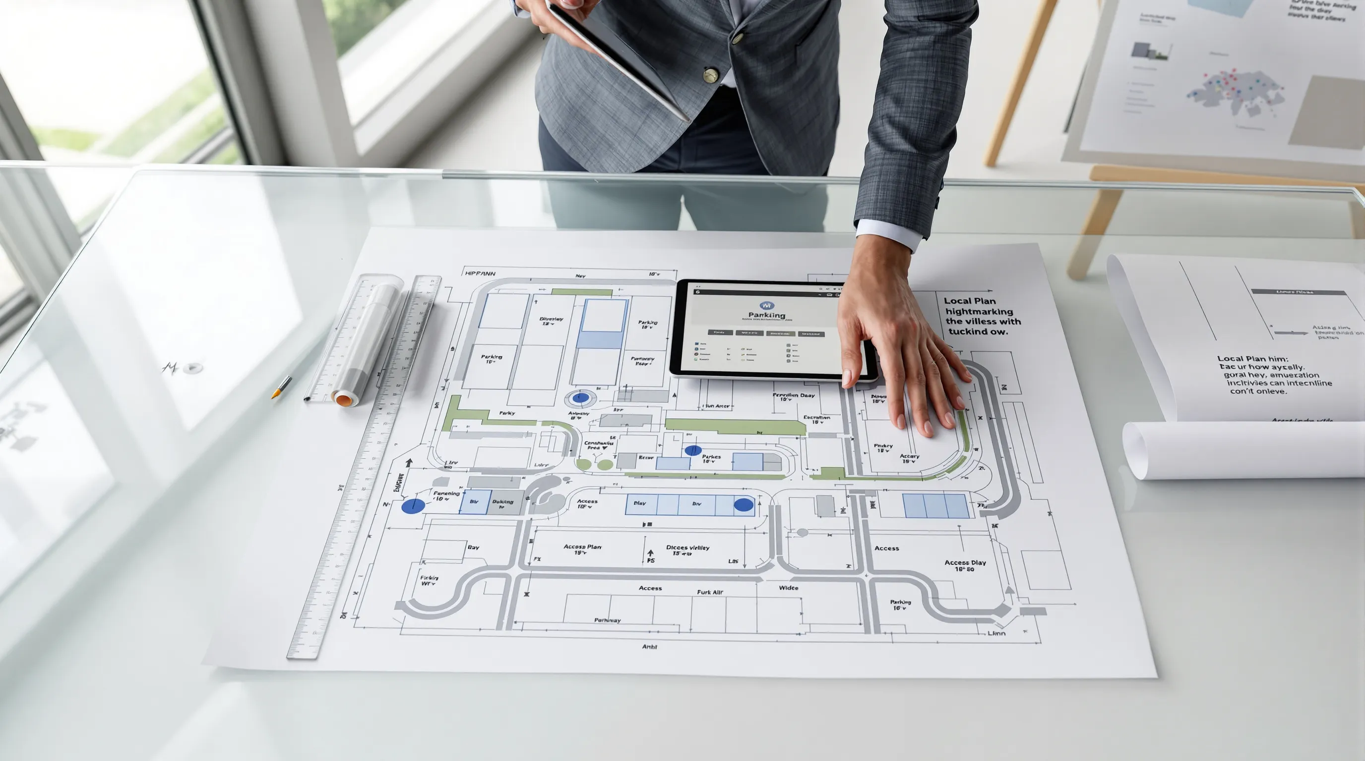Site plan with parking spaces and access arrangements on a professional desk.