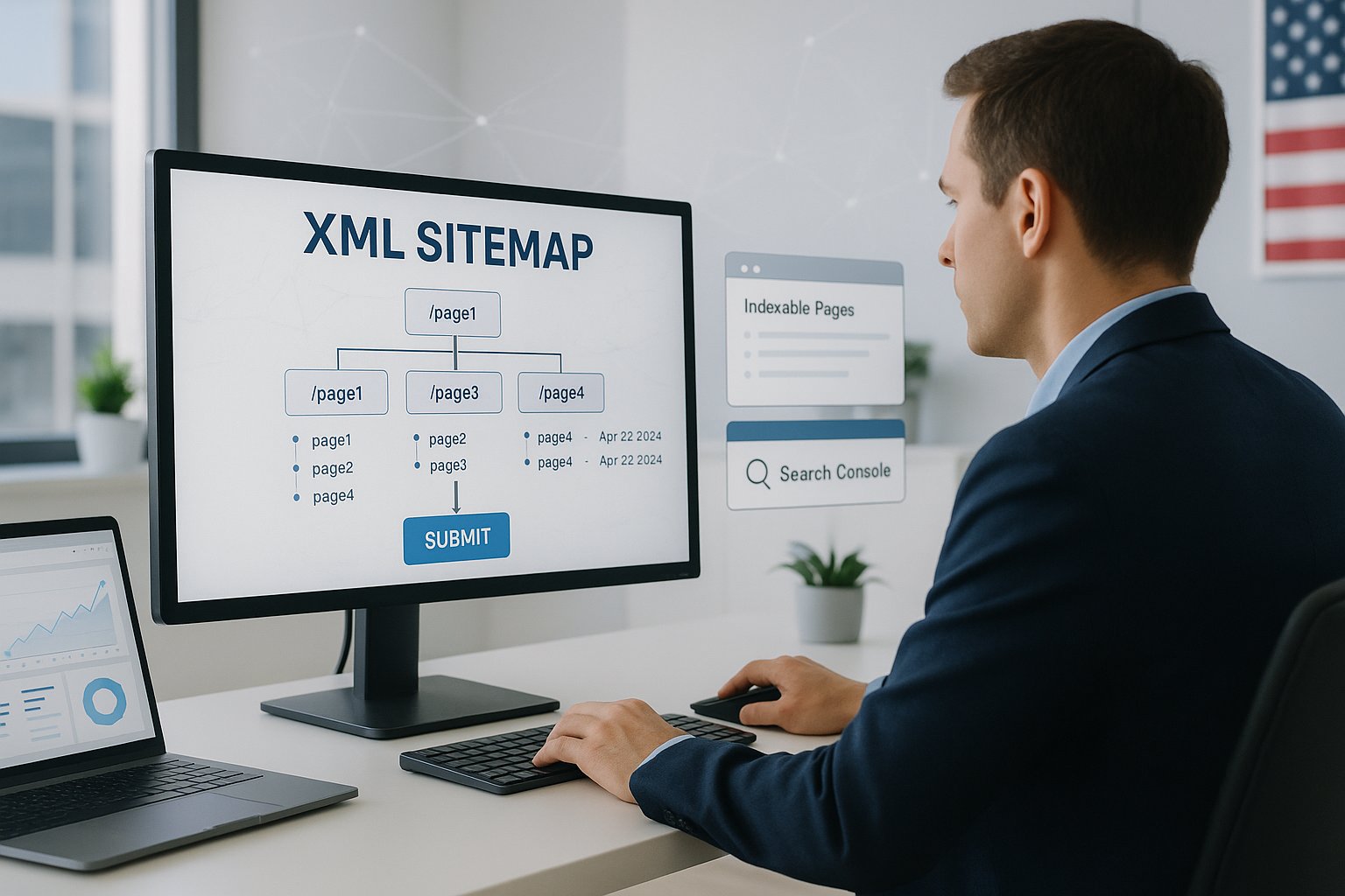 SEO specialist reviewing an XML sitemap on a modern office screen.