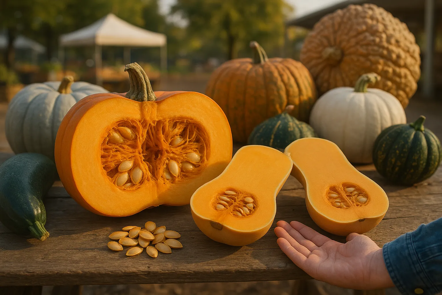 Halved pumpkin and butternut squash on a wooden table showing contrasting textures.