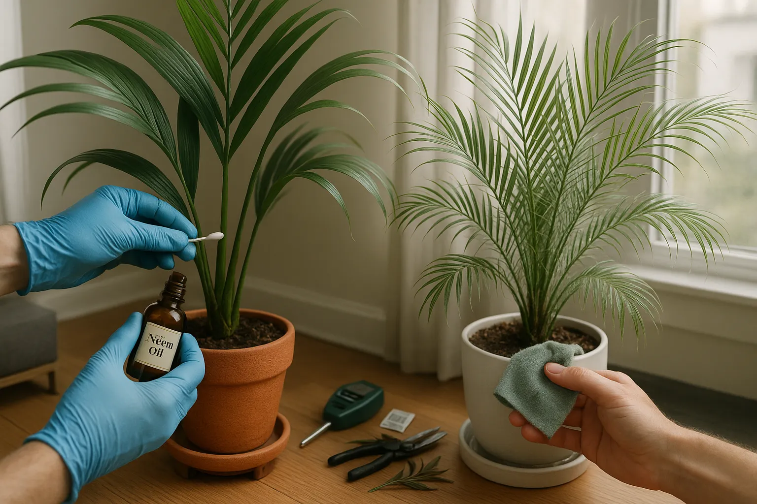 Two potted palms with a gloved hand treating pests, showing frond damage.