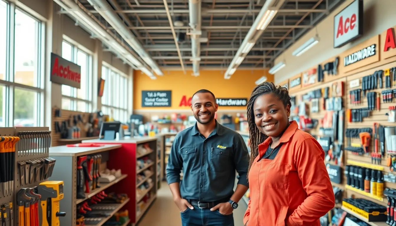 diverse team assisting customers in a modern hardware store.
