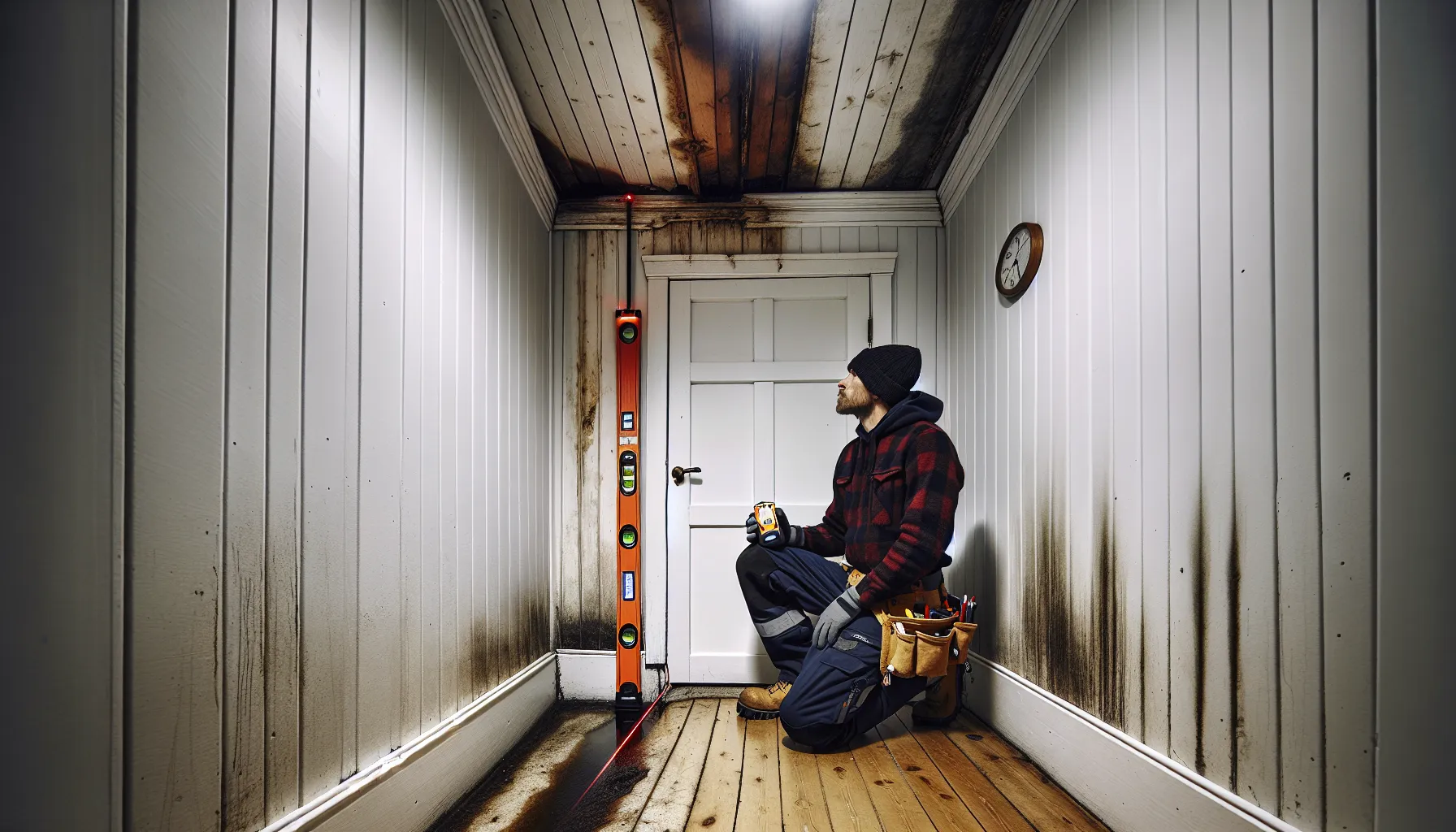 Norwegian carpenter assessing skewed door, cracks, and moisture damage after a storm.