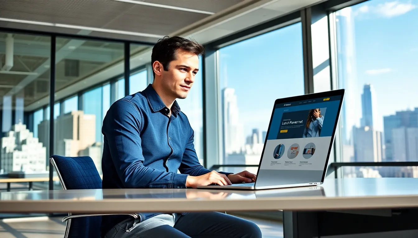 A young professional named Andrew working at a desk with a laptop.